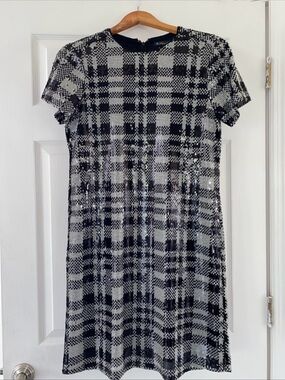 Brooks Brothers plaid sequin short sleeve shift dress black&silver Size 12 NWOT